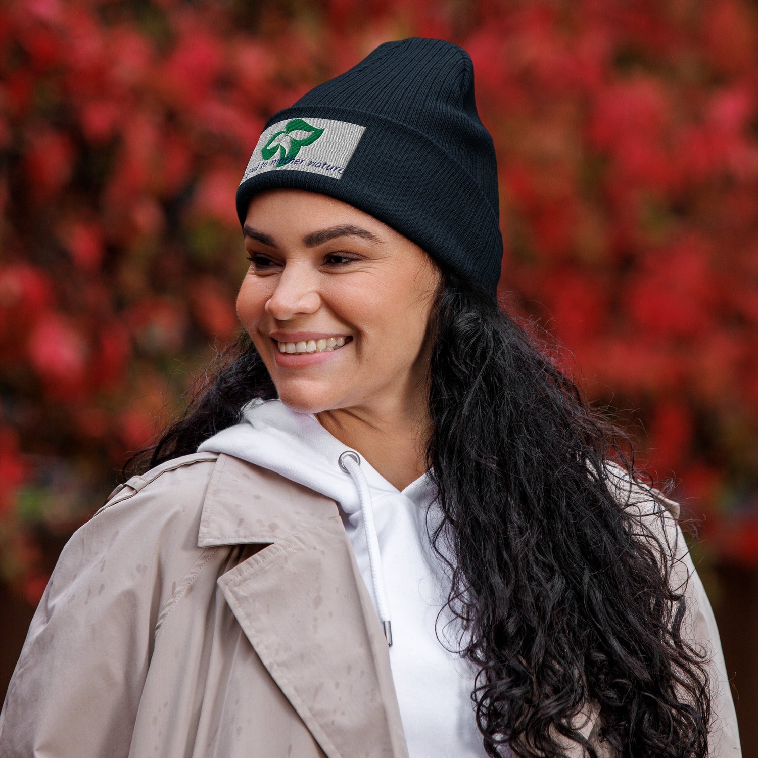 navy beanie with trillium logo embroidery